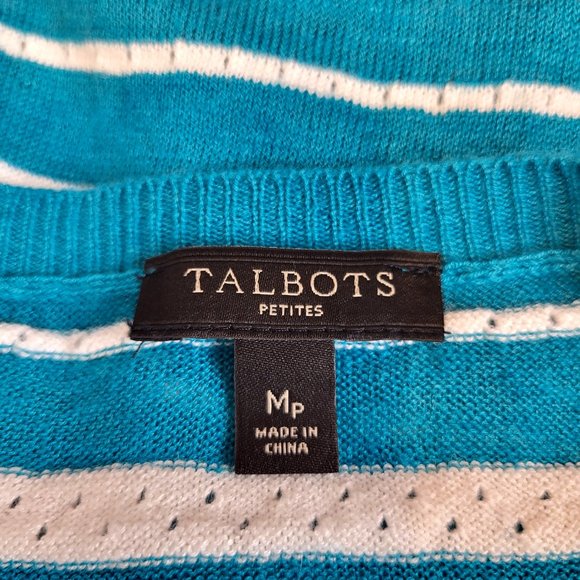 Talbots Teal Blue and White Striped Linen Blend Sweater, Size Medium Petite, GUC - Picture 5 of 6